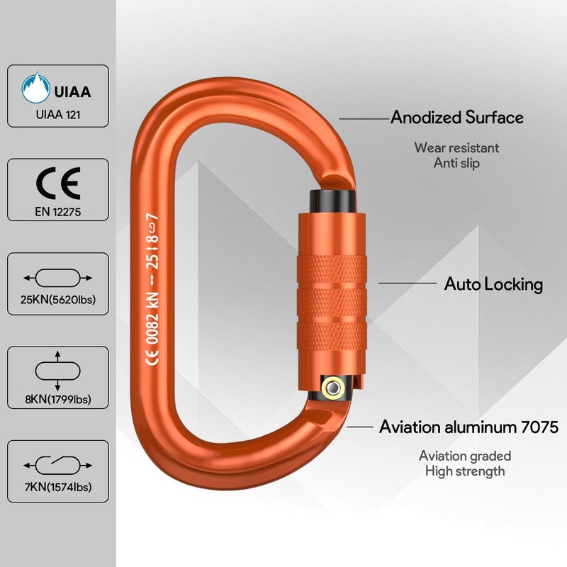 FVW CE Certified Auto Locking Climbing Carabiners, Professional 25KN (5620 lbs) Heavy Duty Caribeaners for Rappelling Swing Rescue & Gym etc, Large D-Shaped Carabiners - Image 5